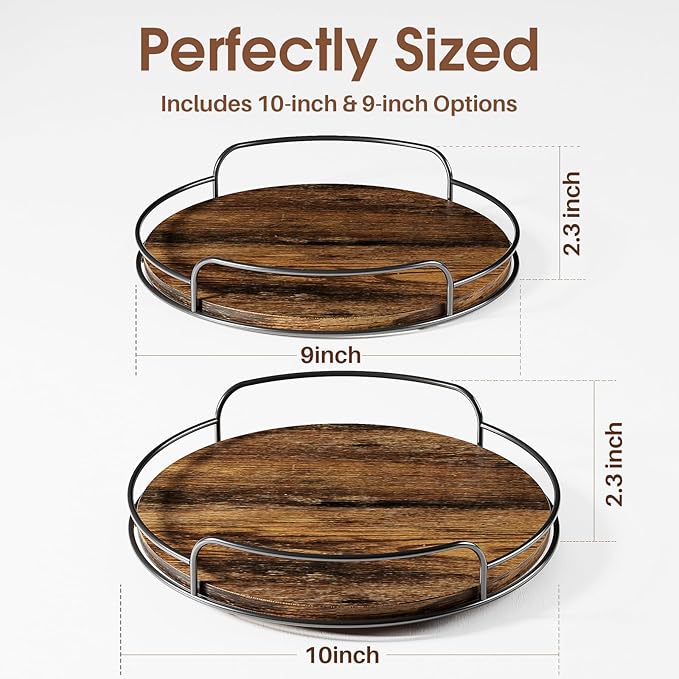 LAMU 2 Pack 9'' 10'' Lazy Susan Turntable Organizer for Table Top Cabinet, Wooden Lazy Susan for Kitchen, Pantry, Countertop, Bathroom Vanity, Spice Organization, Wood Decor
