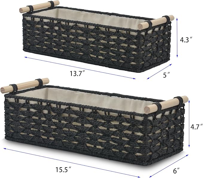 Toilet Paper Baskets for Organizing[2 pack],Paper Rope Wicker Storage Basket with Handle, Bathroom Basket for Bedroom,Living Room.Nursery, (black)