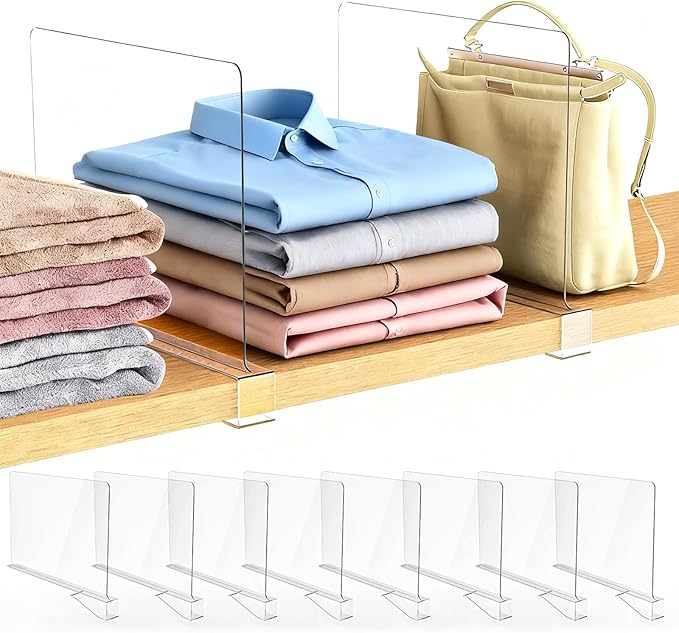 8 Pack Closet Shelf Dividers Purse Handbag Organizer Storage | Acrylic, Clear, Suitable for Kitchen, Office, Bookshelf, Cabinet, Sweater, Clothes, Towel, Bag Tall Separators Organization