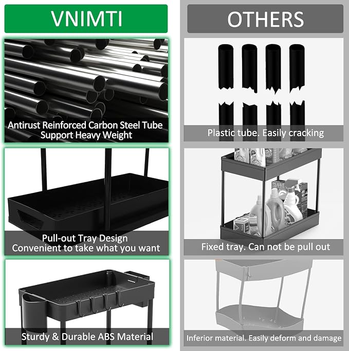 VNIMTI Under Sink Organizers and Storage, 2 Pack Pull Out Cabinet Organizer with Hooks, 2-Tier Under Sink Shelf for Bathroom and Kitchen, Multi-use Sliding Drawer with Large Capacity, Black