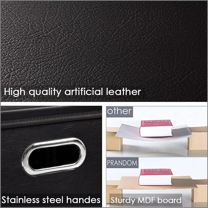 PRANDOM Leather Foldable Cube Storage Bins 13x13 inch [4-Pack] Fabric Storage Baskets Cubes Drawer with Cotton Handles Organizer for Shelves Nursery Closet Bedroom Clothes Black
