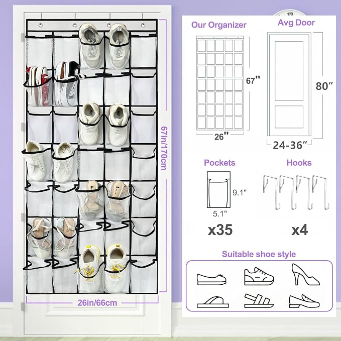 homyfort 35 Large Pocket Over the Door Shoe Organizer, Extra Sturdy Oxford Fabric Hanging Shoe Rack for Door Closet, Wall Mesh Shoe Storage Holder for Mens Women Shoes (White)