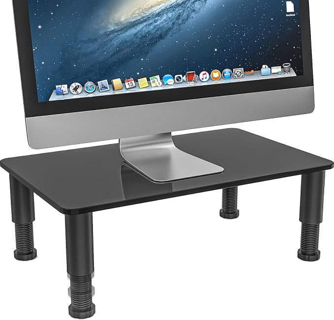 Glass Computer Monitor Stand Riser with Height Adjustable Multi Media Desktop Stand for Flat Screen LCD LED TV, Laptop/Notebook/Xbox One, Black HD01B-002