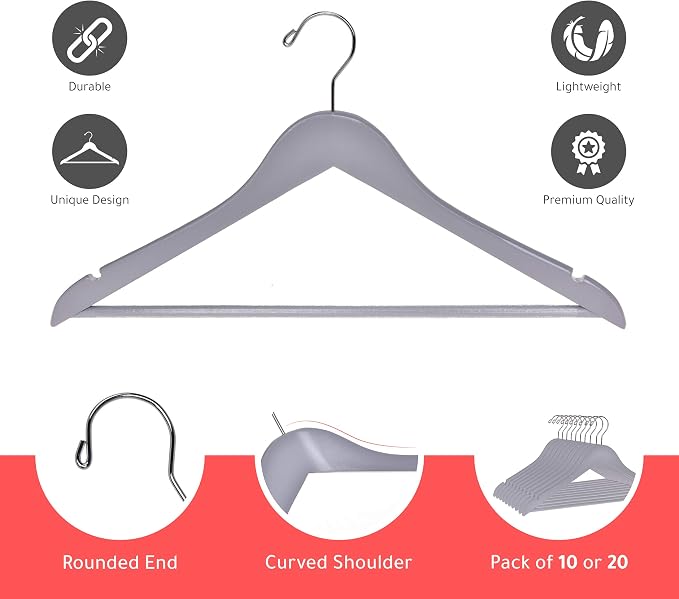Quality Wooden Hangers - Slightly Curved, Heavy-Duty Coat Hangers with Stylish Chrome Hooks - 30-Pack Sets for Clothes, Jackets, Shirts, Pants, Suits (Gray)