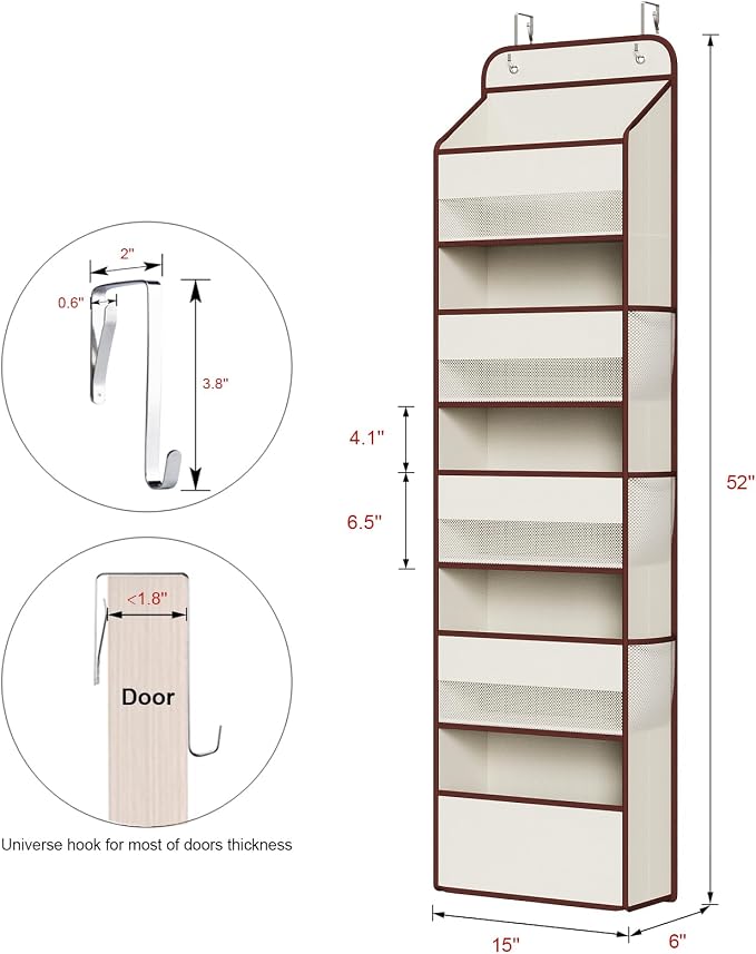 Univivi 1 Pack Over The Door Organizer, Non-Tilting Over The Door Organizer Hanging Door Storage With 5 Large Compartments 6 Side Pockets for Nursery Storage (Beige)