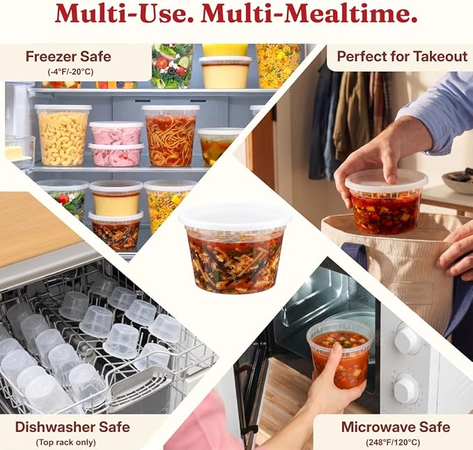 16oz Deli Containers with Lids (48 Sets) Plastic Pint Containers With Lids, BPA Free Microwave Safe Leakproof Stackable Freezer Containers With Lids for Overnight Oat, Food Storage