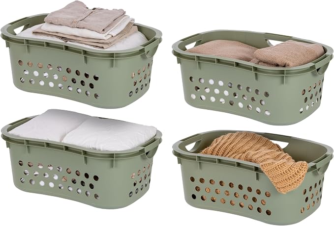 IRIS USA 51L Plastic Hip Hold Laundry Basket with Built-In Comfort Carry Handles 4-Pack, 1.5 Bushel, Clothes Hamper, Laundry Hamper, Ventilation Holes, for Closet Dorm Laundry Room Bedroom, Sage Green