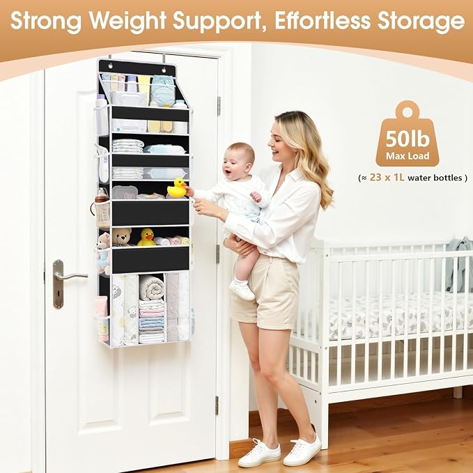 WISELIFE 5-Tier Over the Door Organizer for Hanging - 50LB Heavy-Duty Back of Door Organizer with 5 Spacious Pockets & 13 Mesh Pockets, Multipurpose Storage for Nursery, Bedroom, Closet(1 Pack, Black)