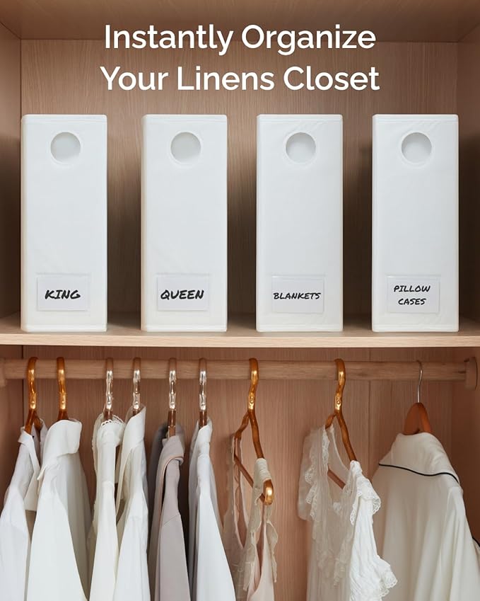 4 Pack Sheet Organizers - Foldable Storage Sheets Set Organizer for Linen Closet - King & Queen Size - Folder Keeper with Window XL - Blanket, Duvet & Pillowcases Dustproof Bedding Container - White