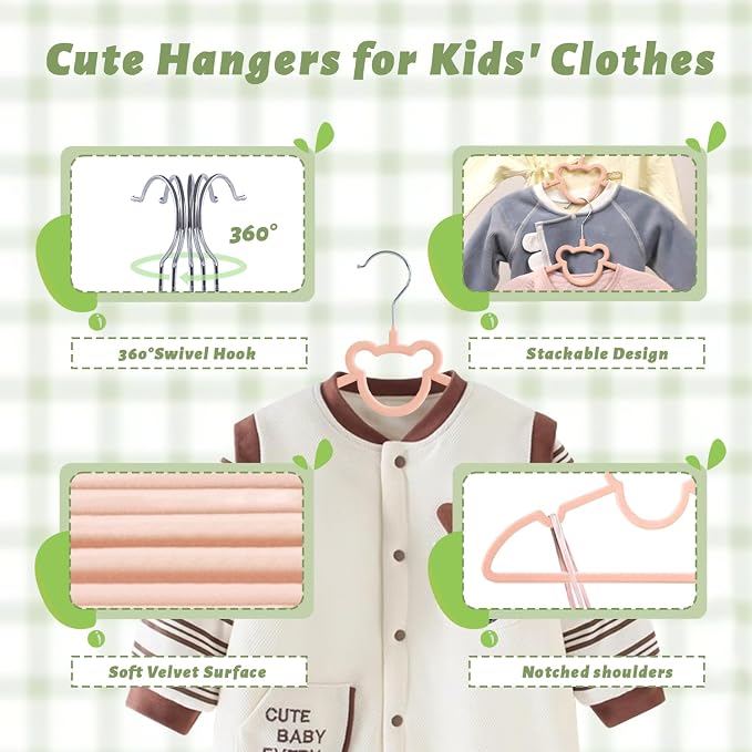 ManGotree 12.8" Kids Velvet Hangers, Non-Slip Felt Baby Clothes Hanger, Cute Bear Hanger for Nursery, Space Saving Toddler Hangers for Children's Closet (20 Pack, Pink)