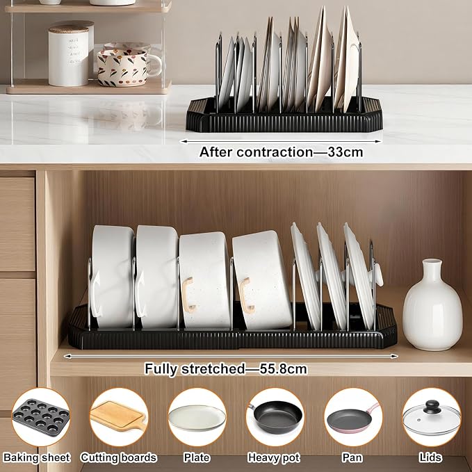 Expandable Pot Rack Organizer, 14 Adjustable Compartments, Pot and Pan Organizer Rack for Cabinet with Cup Brush Dividers, 13 -22" Wide Adjustable Pan Organizer - Pantry Countertop Storage (Black)