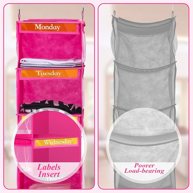 Amylove 2 Pack 6 Shelf Weekly Clothes Organizer for Kids with Side Pocket, 47 Inch Days of the Week Clothes Organizer, Monday to Friday Daily School Outfits Clothing Divider for Kids(Rose Red)