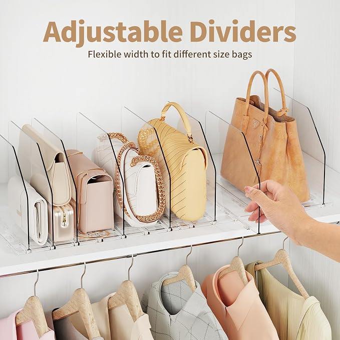 Purse Organizer for Closet, Shelf Divider Adjustable Clear Acrylic Handbag Storage, Bag Storage Separators, Keep Handbag & Books Neat and Upright in Bedroom, Office