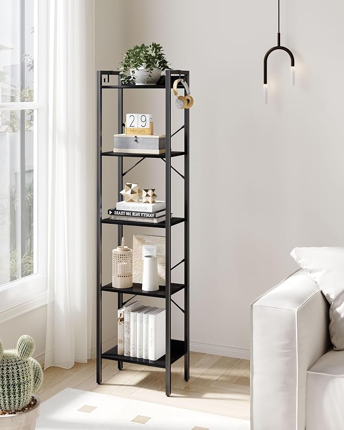 Hzuaneri Bookshelf, Book Shelf, Industrial Bookcase with 2 Hooks, Coner Shelf Storage Organizer for Home Office, Living Room, Bedroom, Kitchen, 5-Tier Black BC10504B