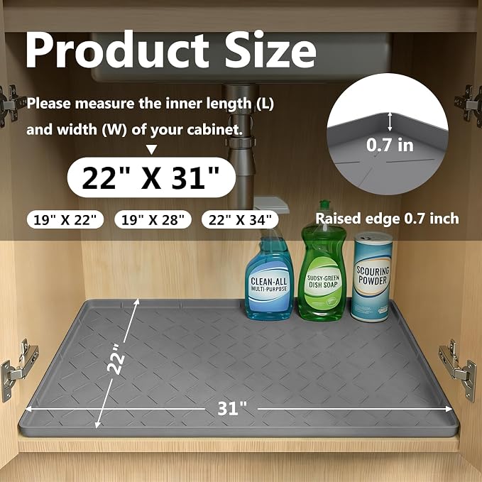 Mateeylife Under Sink Mats for Kitchen Waterproof 31"X22", Undersink Protectors，Silicone Mat Cabinet Liner, Under Sink Organizer for Bathroom and Kitchen，Boot Tray Pet Food Mat, Dark Grey