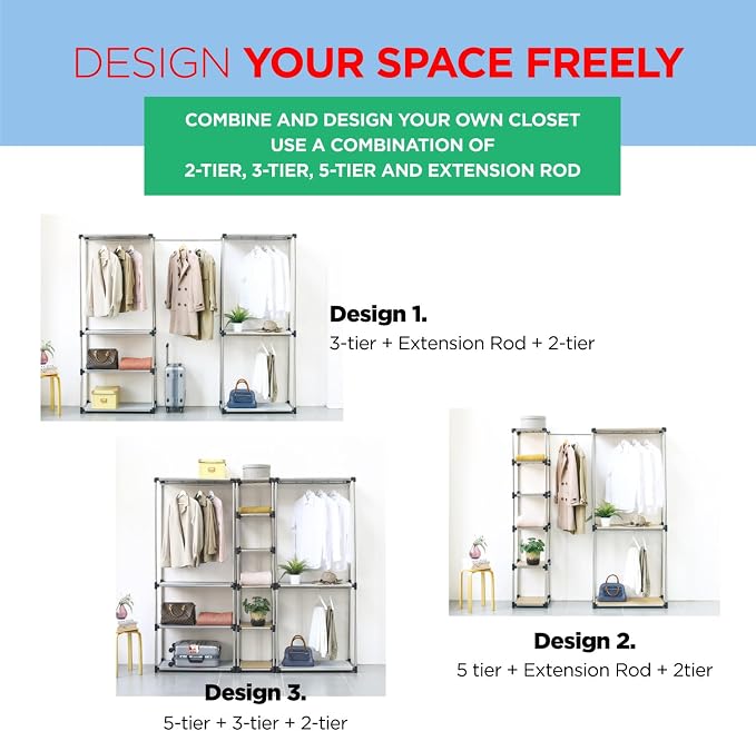 Letusto Premium Stainless Steel Freestanding Closet Organizer System - Easy Assembly, Durable, and Versatile - Heavy Duty Adjustable Portable Wardrobe Clothing Rack (Set A)