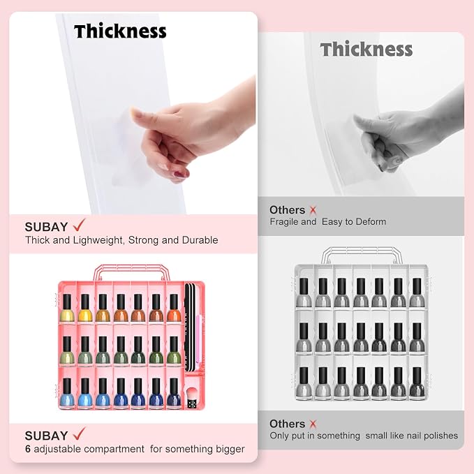 SUBAY 2 Pcs Portable Nail Polish Organizer, Clear Double Side Nail Polish Holder,Gel Nail Storage for 48 Bottles with 6 Adjustable Dividers in Each Side Space Saver Red