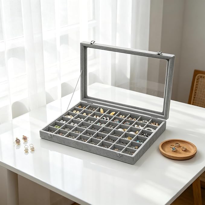 Stratalife 48 Grid Earring Organizer: Jewelry Holder Organizer Box with Clear Glass Lid, Velvet Jewelry Storage for Studs, Earrings, Rings, Necklace with Removable Dividers for Dresser, Grey