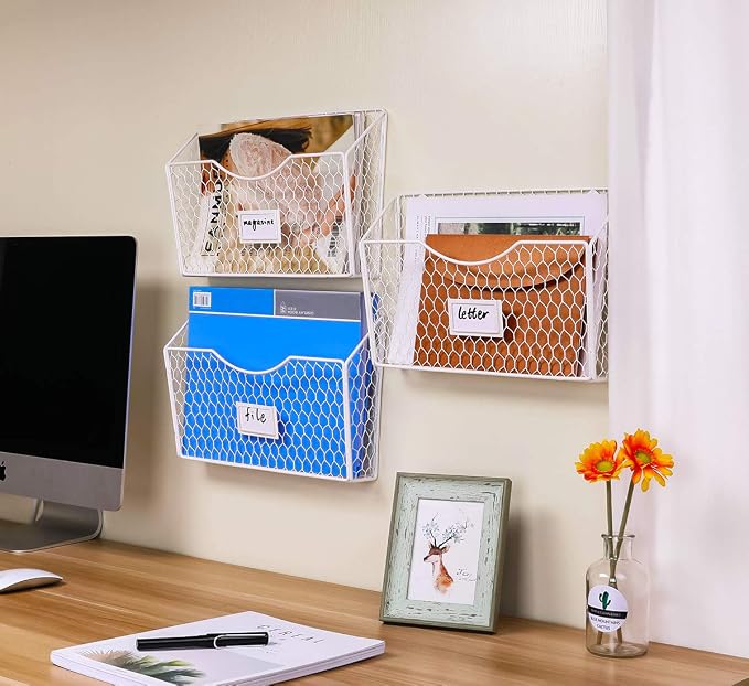 PAG 3 Pockets Hanging File Holder Wall Mount Mail Organizer Metal Chicken Wire Magazine Rack with Tag Slot, White