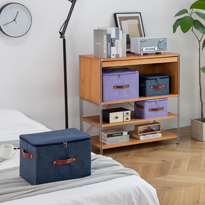 Storage Bin Box with Zippered Lid Cotton Linen Fabric Decorative Basket PU Leather Handles PP Plastic Board Foldable Lidded Clothing Shelf Closet Organizer Container (Denim Blue, Large)