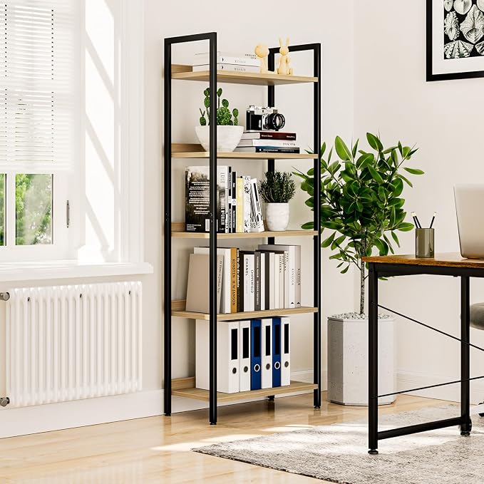 NUMENN Bookshelf, 5 Tier Bookshelves, Home Office Bookcase Shelf Storage Organizer, Free Standing Storage Shelving Unit for Bedroom, Living Room and Home Office, Natural