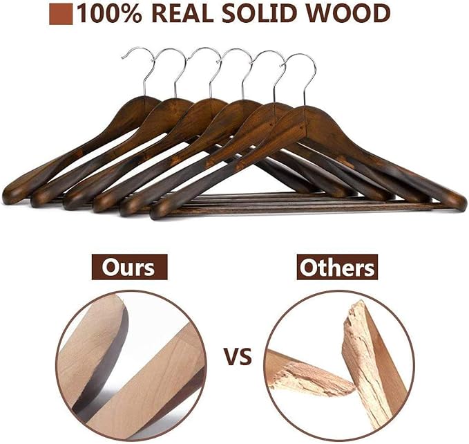 JS HANGER Wooden Suit Hangers, 6 Pack Extra-Wide Shoulder Wood Coat Hangers with Non Slip Pant Bar, Extra Smooth and Splinter Free Retro Finish