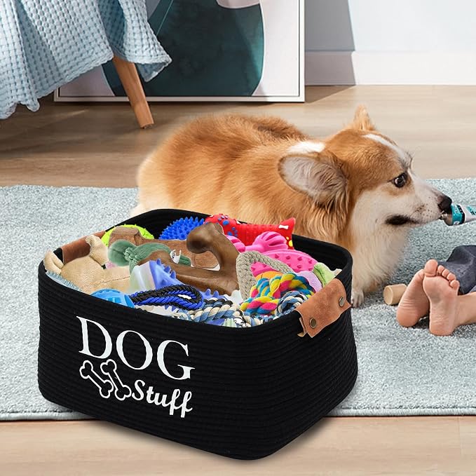 Geyecete Square Dog toy basket storage Cotton Rope Storage Basket Pet/Pet Toy And Accessory Storage Bin Doy Toy Box-Black