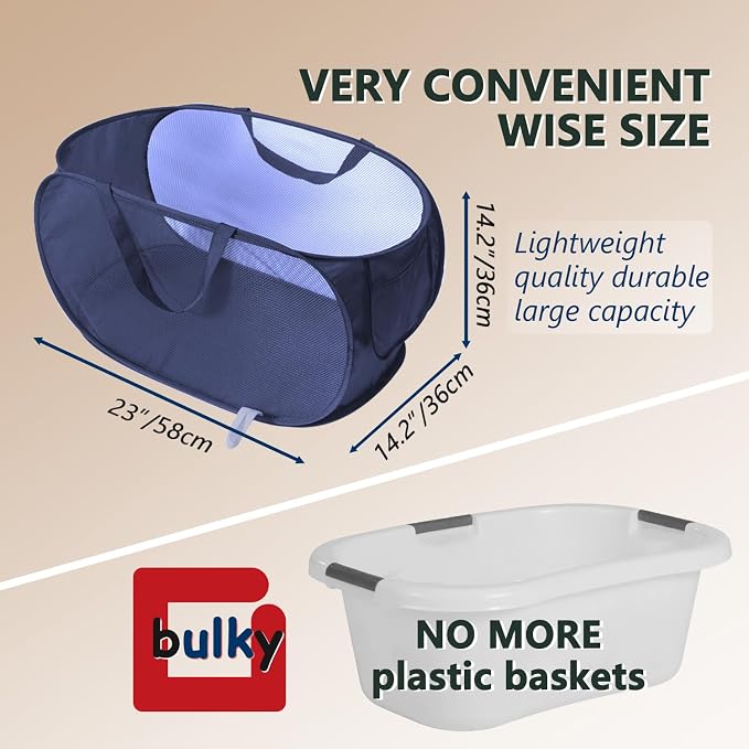 Pop Up Laundry Hamper,Collapsible Horizontal Baskets with Handles & Side Pocket,Foldable Sturdy mesh for Laundry Room,Bathroom,Kids Room,College Dorm or Travel (Navy)