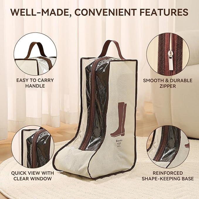 Boot Storage Bag Organizer,Dustproof Boot Bags for Cowboy Boots,Portable Travel Shoe Protector Bags,Tall Boot Covers Storage Organizer for Packing (2 Short + 2 Long Beige Widened)