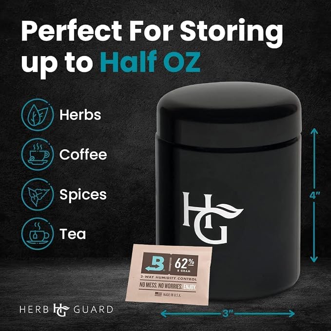 Herb Guard - Half Oz Container Premium UltraViolet (UV) Jar & Humidity Pack (250 ml) Airtight UV Protection Keeps Herbs Fresh for Months [5 Pack]