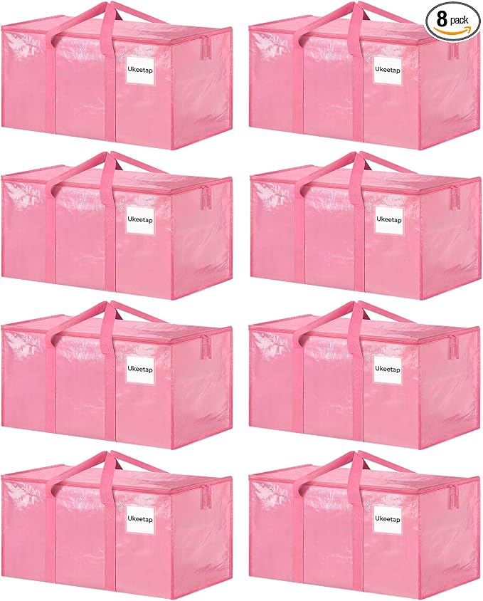 8 Pack Extra Large Heavy Duty Moving Bags, Pink Storage Bins with Lids, Reinforced Handles & Heavy-Duty Zippers Moving Boxes Storage Bags Totes for Clothes Packing, Dorms, College Supplies, Pink