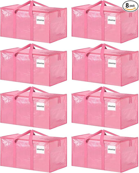 8 Pack Extra Large Heavy Duty Moving Bags, Pink Storage Bins with Lids, Reinforced Handles & Heavy-Duty Zippers Moving Boxes Storage Bags Totes for Clothes Packing, Dorms, College Supplies, Pink