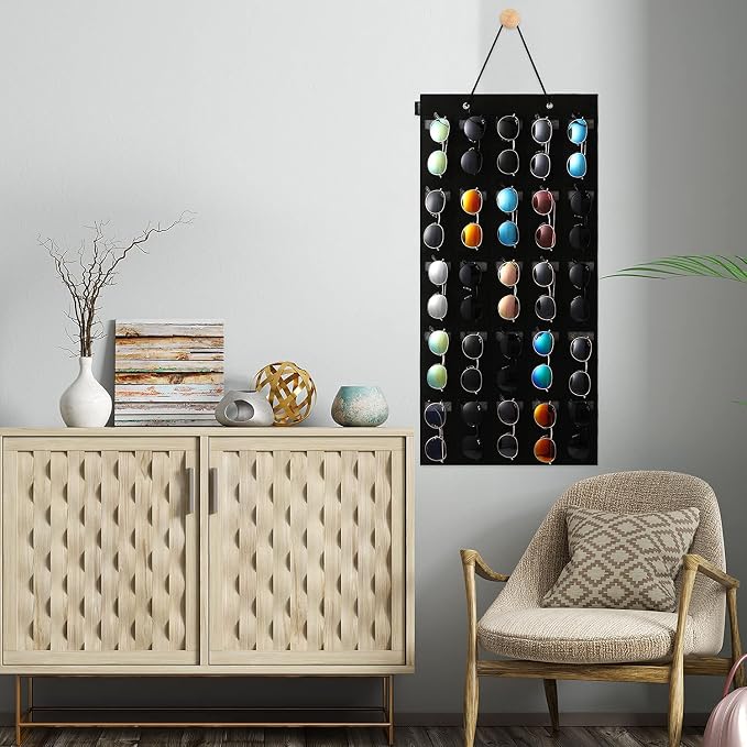 Sunglasses Organizer Storage- Hanging Eyeglasses Wall Pocket Mounted,Eyewear Display,25 Slots (Black, Large)