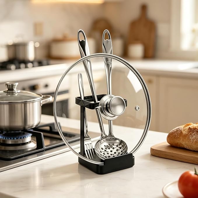 vocheer Pot Lid Holder, Kitchen Organizer Rack Spoon Rest Rack Holder-Lid Stand for Utensils in Kitchen, Black