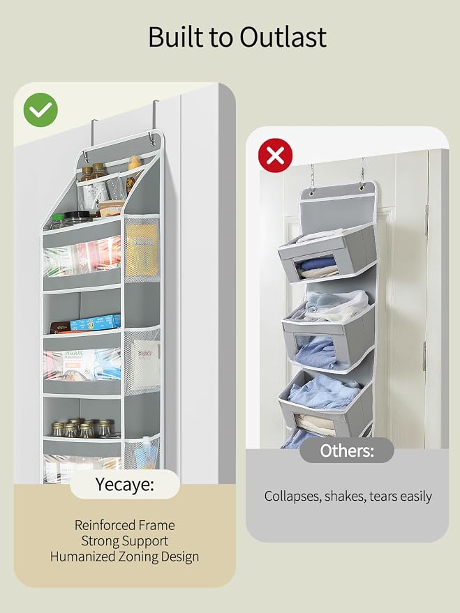 Yecaye 5 Tier Over the Door Organizer, Swing-proof Door Organizer Hanging with Clear PVC Windows, Behind the Door Storage for Bedroom Nursery Closet Laundry Pantry Bathroom, Grey