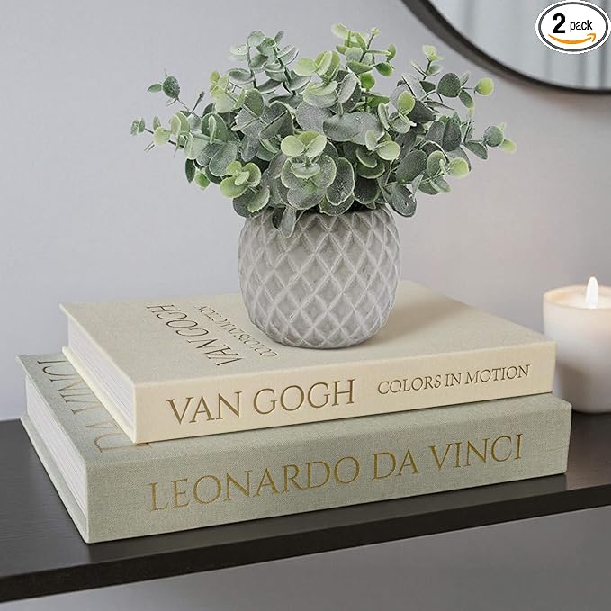 MAOBUYOU Decorative Storage Books Set of 2, Linen Cover, Gold Letters, White and Green