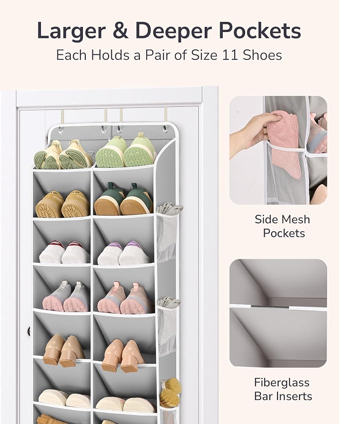 ULG Over The Door Shoe Organizer for Closet Fit 24-32 Pairs with Large Deep Pockets, Narrow Shoe Rack for Door Hanging Boots Storage, Black