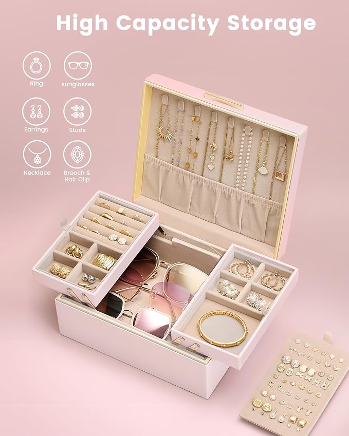 Lolalet Jewelry Box Organizer for Women Girls, 2 Layer Jewelry Organizers and Storage for Necklace Earrings Rings Bracelets, Large Jewellery Holder Case Birthday Gifts -Pink