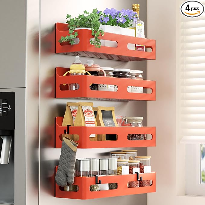 Sevenblue 4 Pack Strong Magnetic Spice Rack for Refrigerator, Multipurpose Magnetic Shelf for Fridge with 4 Hooks for kitchen and Bathroom Organization, Orange