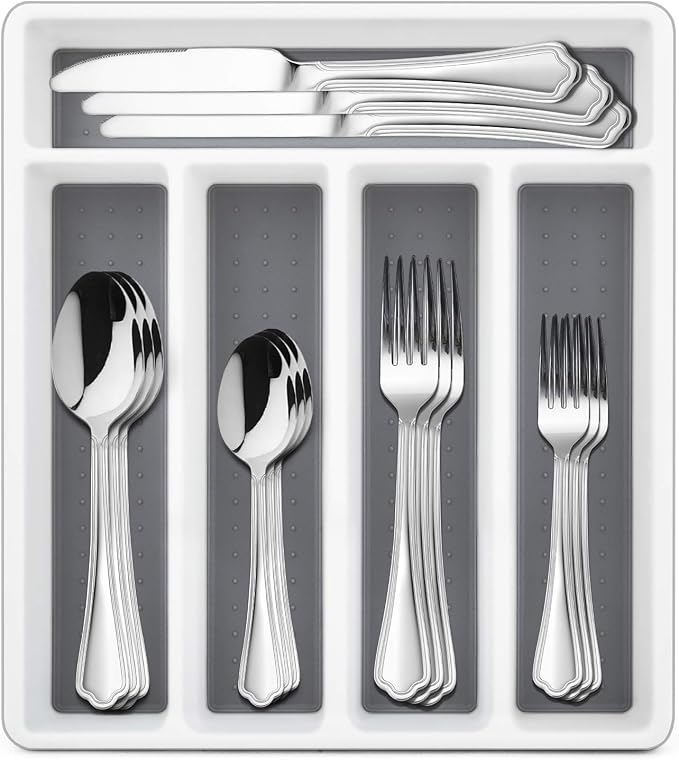 HaWare 40-Piece Silverware Set with Drawer Organizer Tray, Stainless Steel Flatware Cutlery Utensils, Timeless and Elegant Design for Home Hotel Wedding, Mirror Polished and Dishwasher Safe
