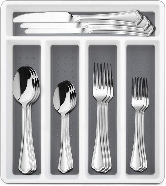 HaWare 40-Piece Silverware Set with Drawer Organizer Tray, Stainless Steel Flatware Cutlery Utensils, Timeless and Elegant Design for Home Hotel Wedding, Mirror Polished and Dishwasher Safe