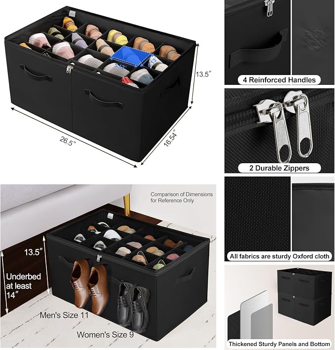 TOPIA HOME Shoe Organizer for Closet 2 Pack, Foldable Shoe Box with Adjustable Divider and Clear Cover, Space Saving Shoe Storage Organizer Cabinet with Reinforced Handles, Fits 40 Pair, Black, TP11B