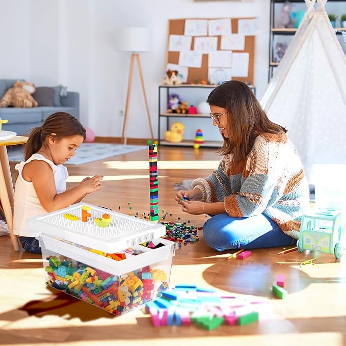Plastic Storage Bins with Lids - 1 Set Stackable Arts Crafts Organizer Box with Removable Divided Tray &Compatible Building Baseplate,Toy Chest Containers for Bricks -White(14.37"x9.64"x6.69")