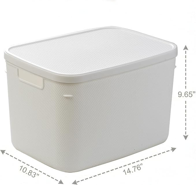 BINO | Plastic Storage Bins with Lids, 20 Liter - 3 Pack, White | THE TWILL COLLECTION | Plastic Bins for Organization | Woven Storage Baskets for Organizing | Pantry Shelf Organizer Basket Bin