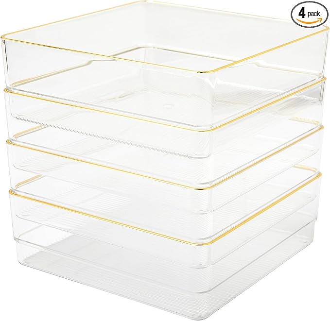 Martha Stewart Kerry Plastic Stackable Office Desk Drawer Organizers, 6" x 6", 4 Pack, with Gold Trim