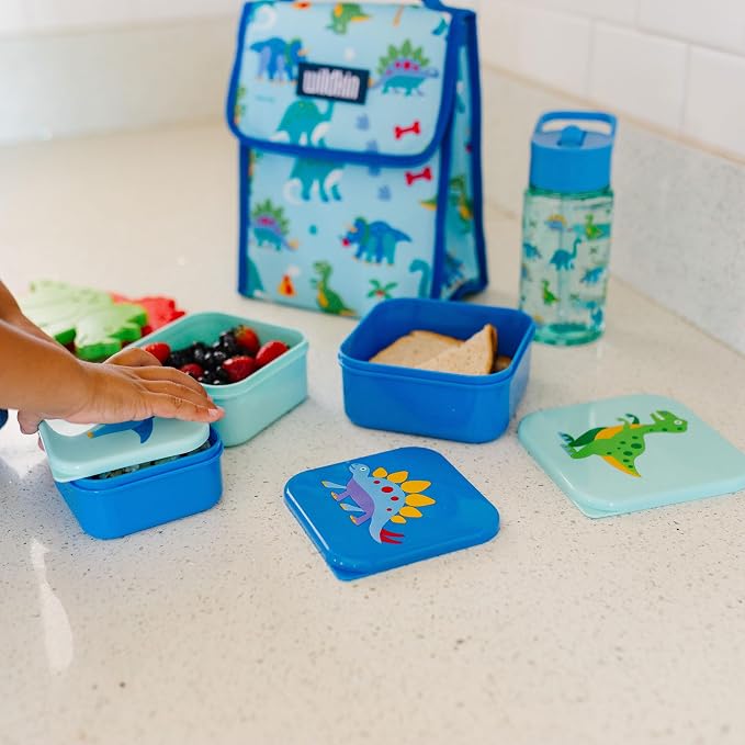 Wildkin Set of 3 Kids Nesting Food Containers for Boys – Stackable, Airtight & BPA-Free Snack Containers, Dishwasher Safe Lunch Box Containers for School & Travel, Ages 3–12 – Dinosaur Land
