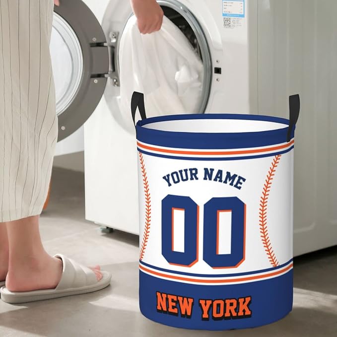 New York Laundry Hamper Personalized Laundry Basket Customized Name And Number Collapsible Storage Basket for Bedroom Bathroom Living Room Baseball Fan Gifts
