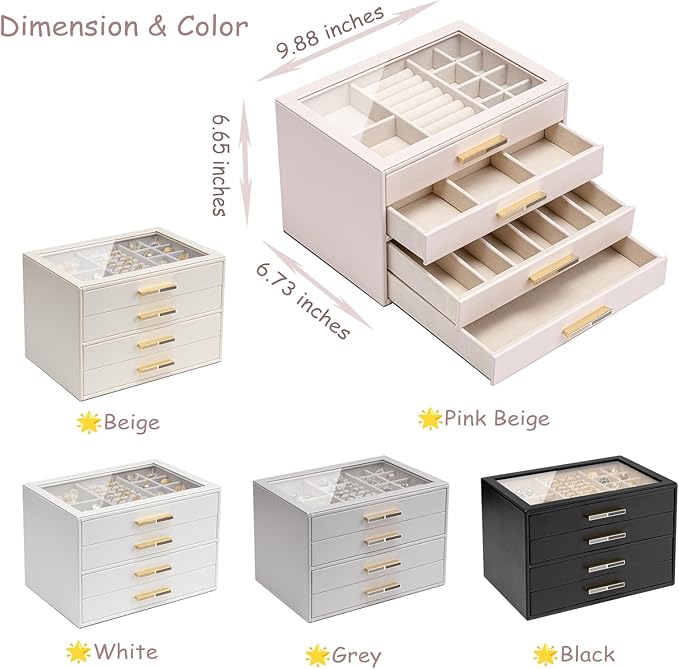 VLANDO 4-Drawer Jewelry Box with Glass Lid, Faux Leather Organizer for Rings Earrings Necklaces and More, Gift-Ready Jewelry Case for Women Girls or Moms, White