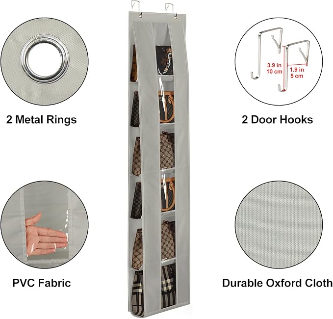 Lirex Over The Door Purse Organizer, Space-Saving Medium and Large Handbag Storage Organizer Clothing Closet Hanger, Grey