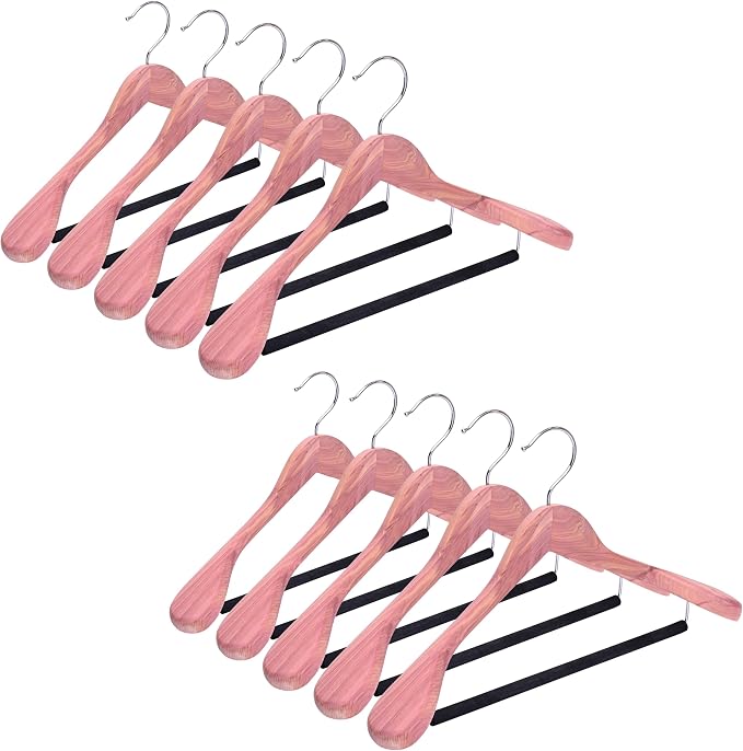 8 Pack Unfinished American Red Cedar Wooden Coat Suit Hangers with Extra Wide Shoulder, Wood Jacket Clothes Hanger with Non Slip Black Padded Pant Bar- 360°Flexible Hook, Natural
